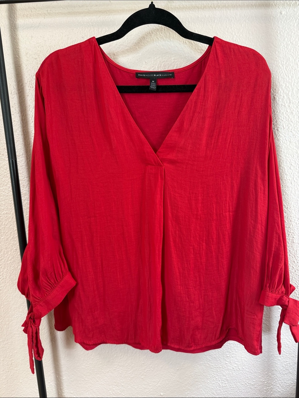 White House Black Market Red V-Neck  Blouse with Tie Sleeves